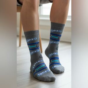 Oreo cookie print crew men’s sock shoe size 6-12 Grey funny snack food crazy